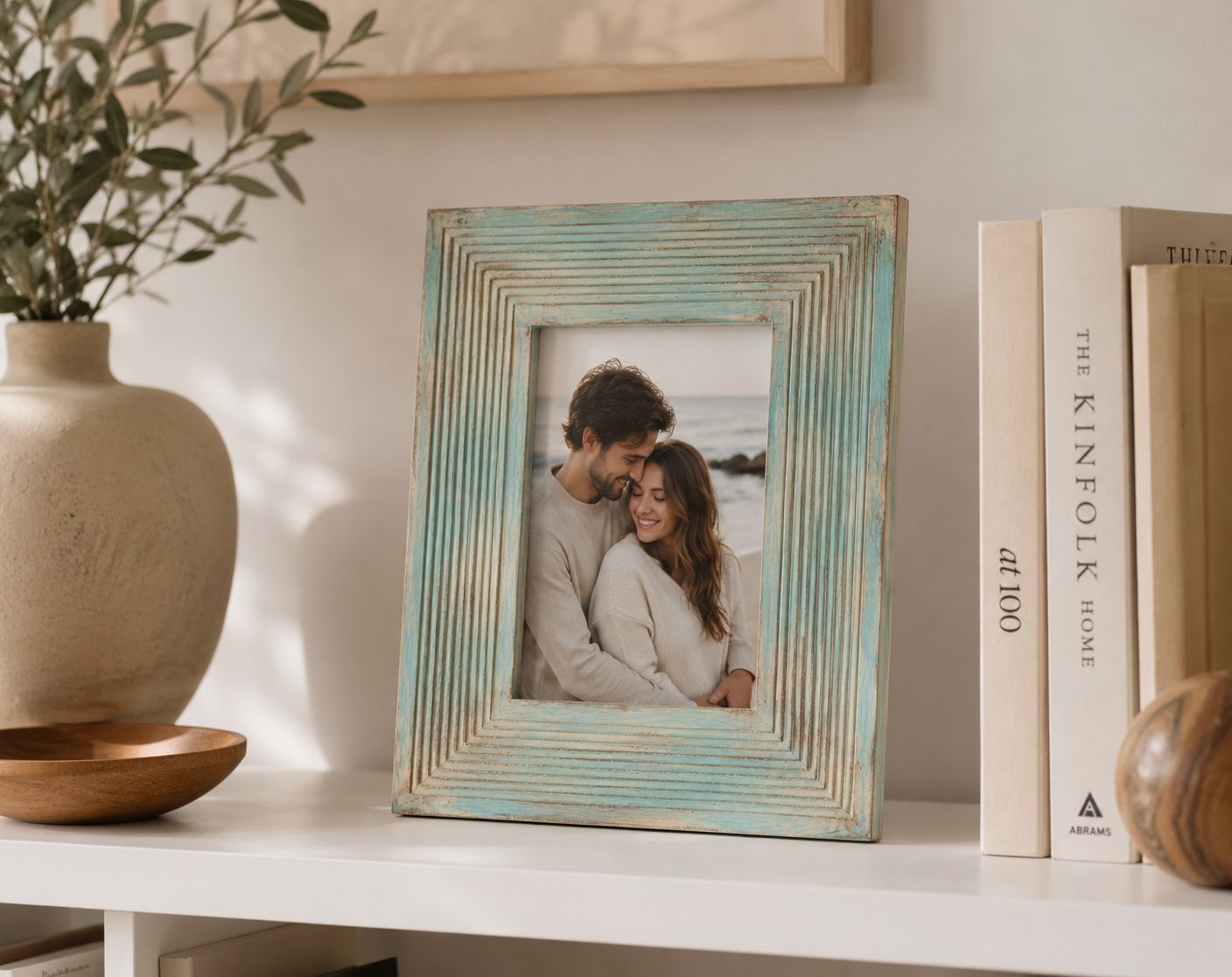 Ferme Vintage Rustic Wooden Hand Carved Photo Frame Turquoise Blue FPF153 - 5x7 inches