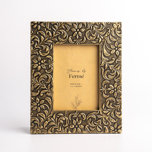 Artisanal Excellence: Handcrafted Brass Metal Embossed Flowers Golden Photo Frame, Blooming with Elegance
